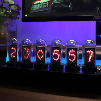 Creative LED nixie tube table clock on black walnut base, glass shell with metal dial, USB powered digital display