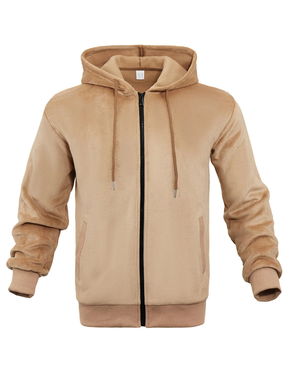 Men's grey zippered hooded sweatshirt with fleece lining and full-length front zip