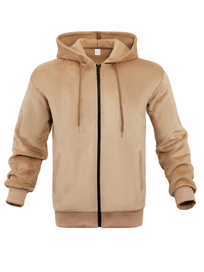 Men's grey zippered hooded sweatshirt with fleece lining and full-length front zip