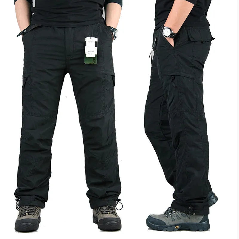 Men's stone-washed cotton overalls with wool lining in khaki colour, showing loose fit and straight leg design