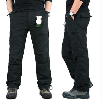 Men's stone-washed cotton overalls with wool lining in khaki colour, showing loose fit and straight leg design