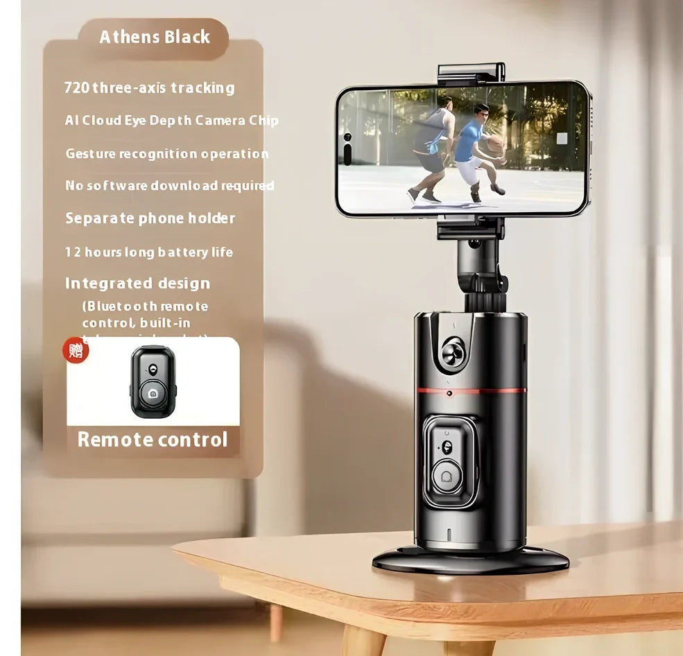 Automatic tracking stabilizer in black with 360 degree rotation on desk, USB connected, 175.2 x 54.8 x 57mm size