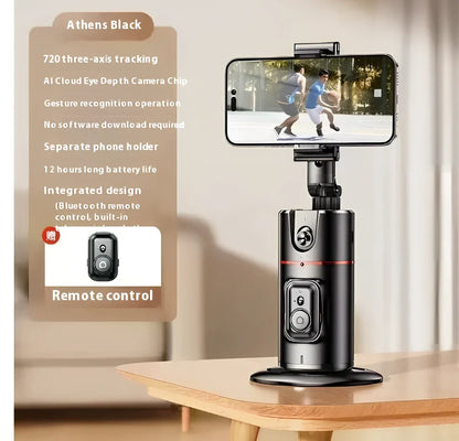 Automatic tracking stabilizer in black with 360 degree rotation on desk, USB connected, 175.2 x 54.8 x 57mm size