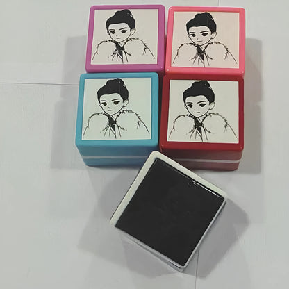 Square plastic sealed shell for hand account decoration with cartoon pet seal, shown in nine colour options