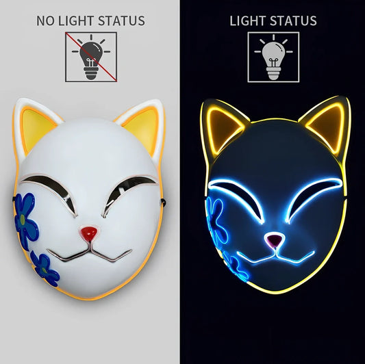 Pink LED cat face mask with transparent blue accents and lighting effects