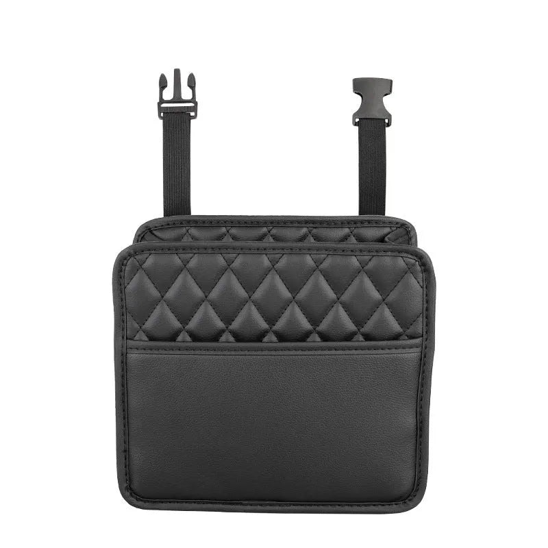Leather car interior hanging storage bag organiser in black colour measuring 25x25x8 cm