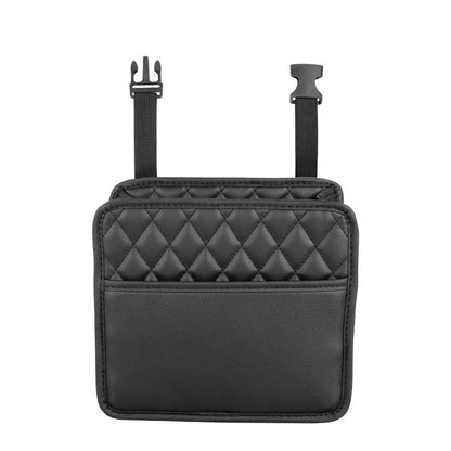 Leather car interior hanging storage bag organiser in black colour measuring 25x25x8 cm