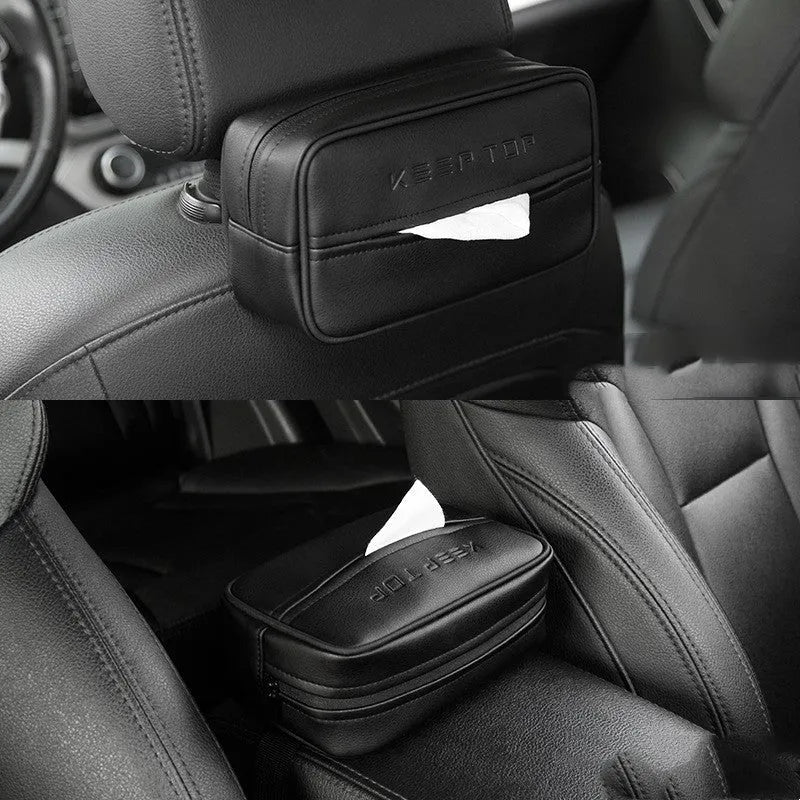 Black leather hanging storage box with PU coating, dimensions 23x13x9cm, shown behind a car headrest