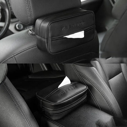Black leather hanging storage box with PU coating, dimensions 23x13x9cm, shown behind a car headrest