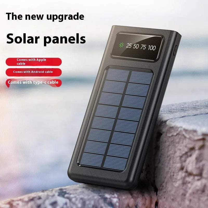Portable solar power bank with 20000mAh capacity in black or white plastic casing