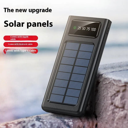 Portable solar power bank with 20000mAh capacity in black or white plastic casing