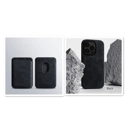 Suede magnetic wireless charger phone case for iPhone with card bag, dark green, back cover