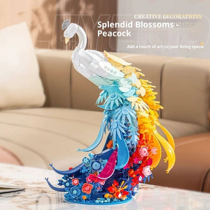 Colourful plastic building blocks assembled as peacock and swan designs with flower-like brocade patterns