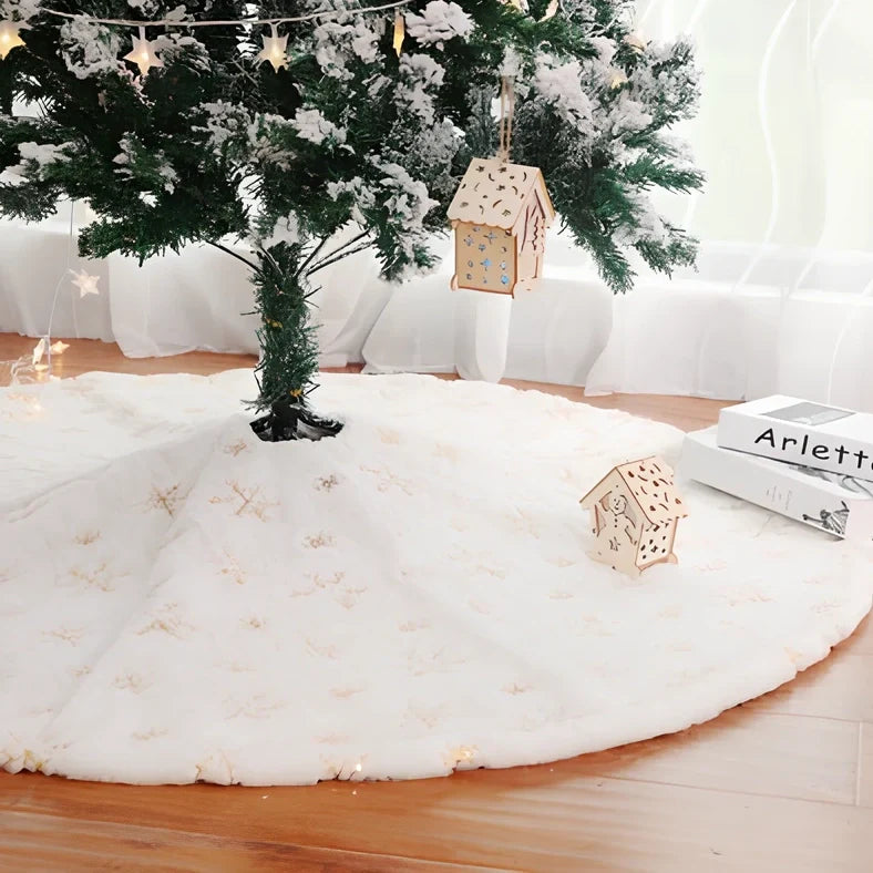 Christmas tree skirt with sequin embroidery and imitation rabbit fur trim in silver, gold, or colourful options