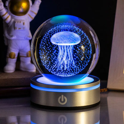 3D inner carving luminous crystal ball night lamp with 8cm white crystal and round touch USB base