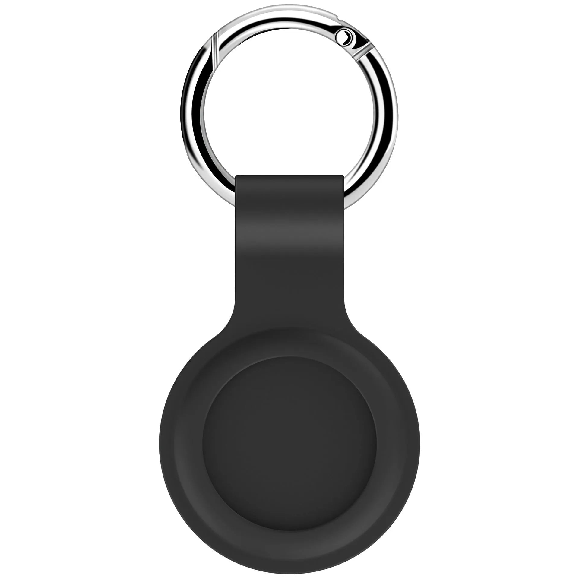 Black waterproof silicone Airtag protective case with metal keychain clip, shown next to colour options.