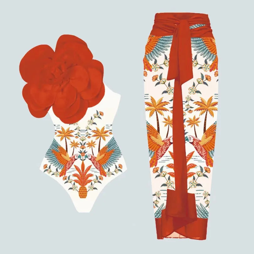 Women's polyester one-piece swimsuit in floral print with wrap skirt styling option