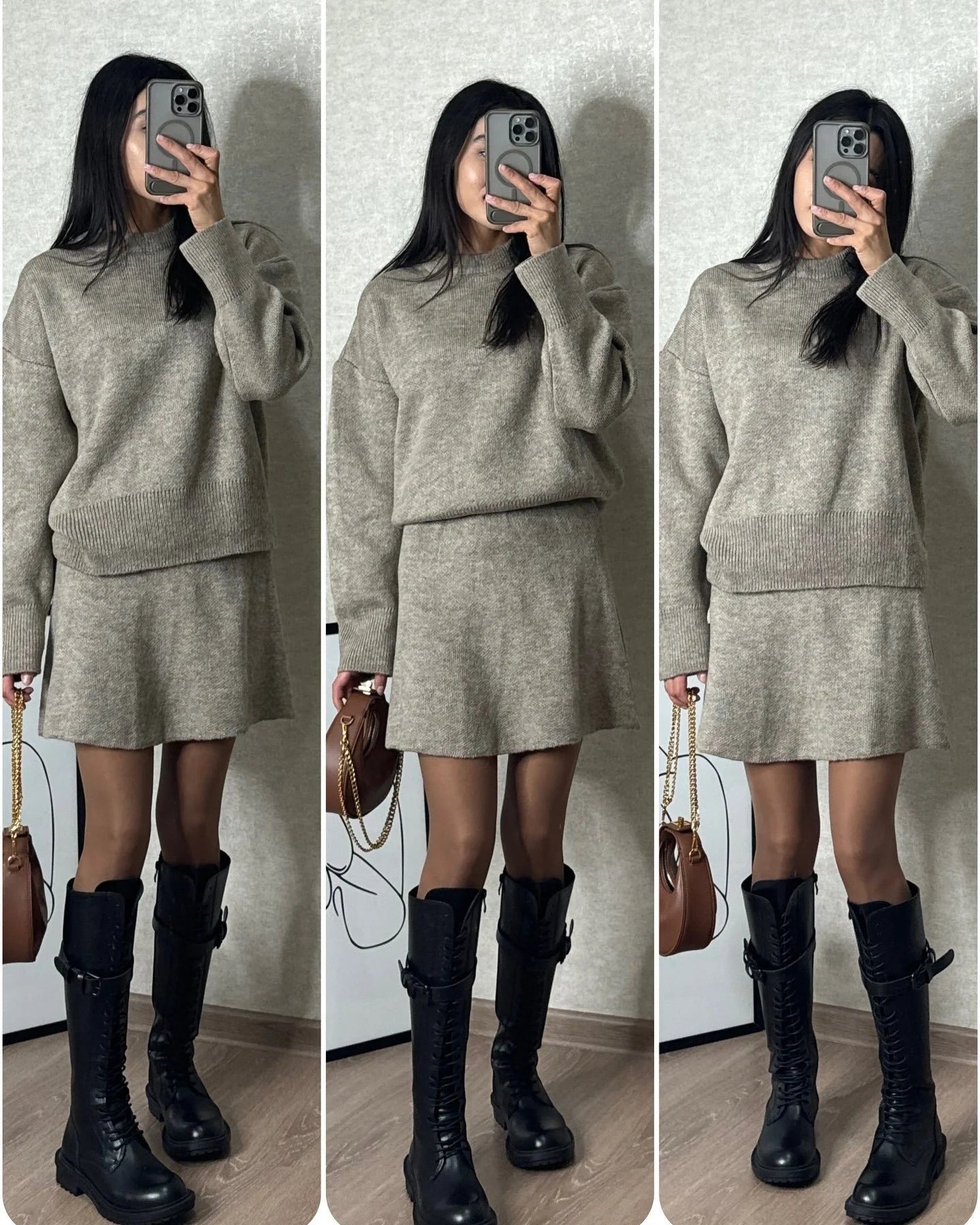 Stylish two-piece knit sweater and mini skirt set for women in a variety of classic colors