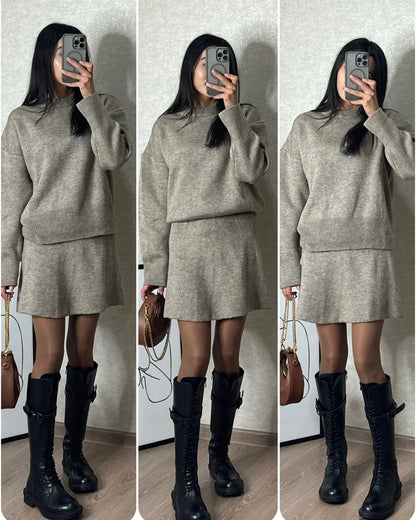 Stylish two-piece knit sweater and mini skirt set for women in a variety of classic colors