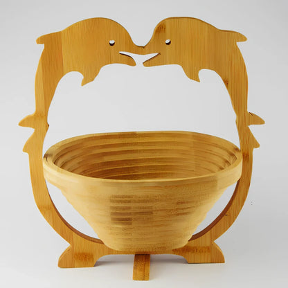 Folding natural bamboo fruit basket open at 27 cm wide, 30 cm high, collapsed to 1.8 cm for storage