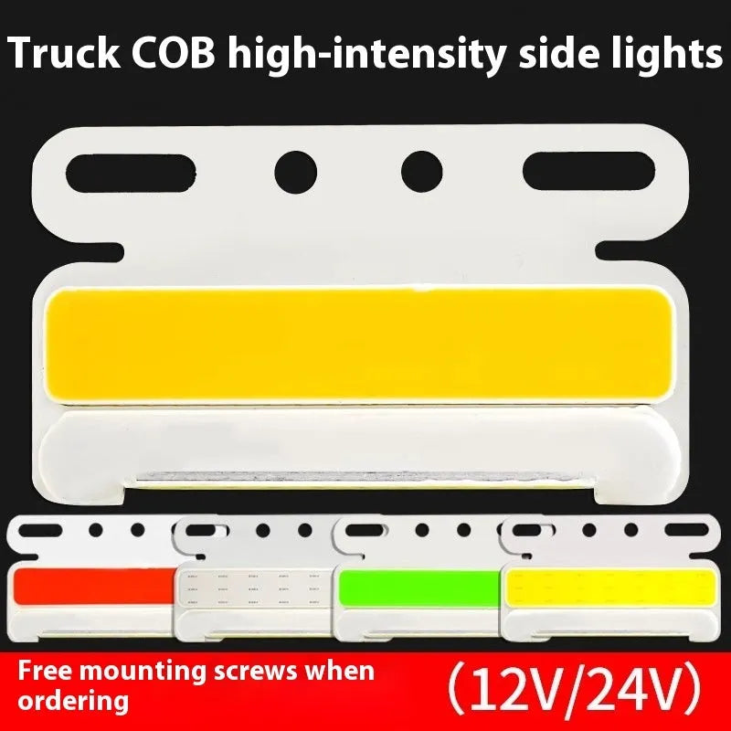 COB LED truck side light in aluminium alloy housing, showing red, yellow, green, blue, or white options for 12V and 24V vehicles