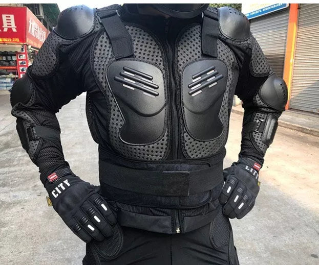 Black motorcycle armor jacket with fall protection, sizes M to 3XL