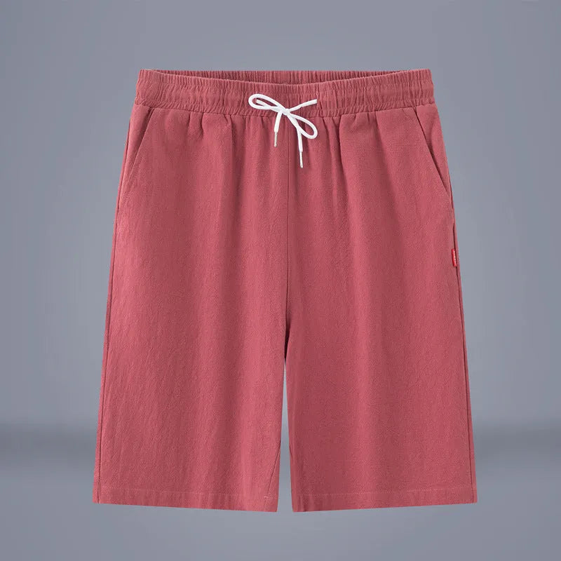 Chinese-style solid colour cropped pants with drawstring waist in cotton linen blend fabric
