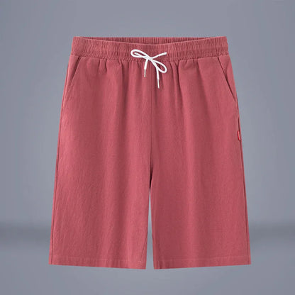 Chinese-style solid colour cropped pants with drawstring waist in cotton linen blend fabric