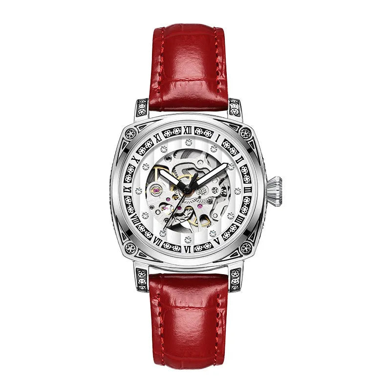 Mechanical watch with luminous hands on leather belt, stainless steel case, showing black colour option