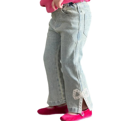 Vintage elastic lace bow bell-bottom pants for children with adjustable hair band belt and 100% cotton denim
