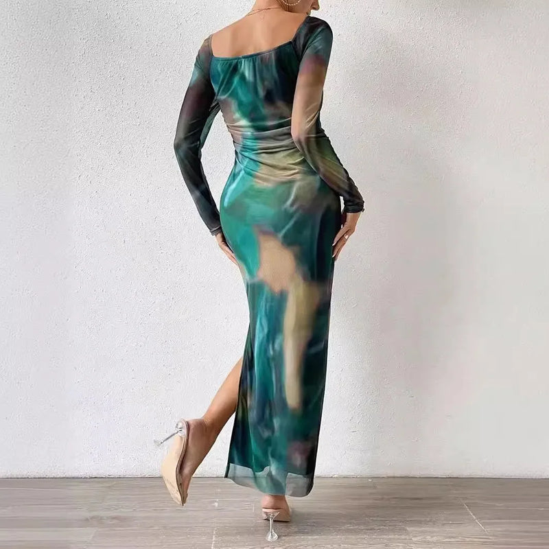 Women's printed pleated dress with split skirt and square collar made from polyester mesh fabric in sizes XS to 3XL available in eight colours including gradient green, rose red, blue, yellow, dark blue, camel, black, and red