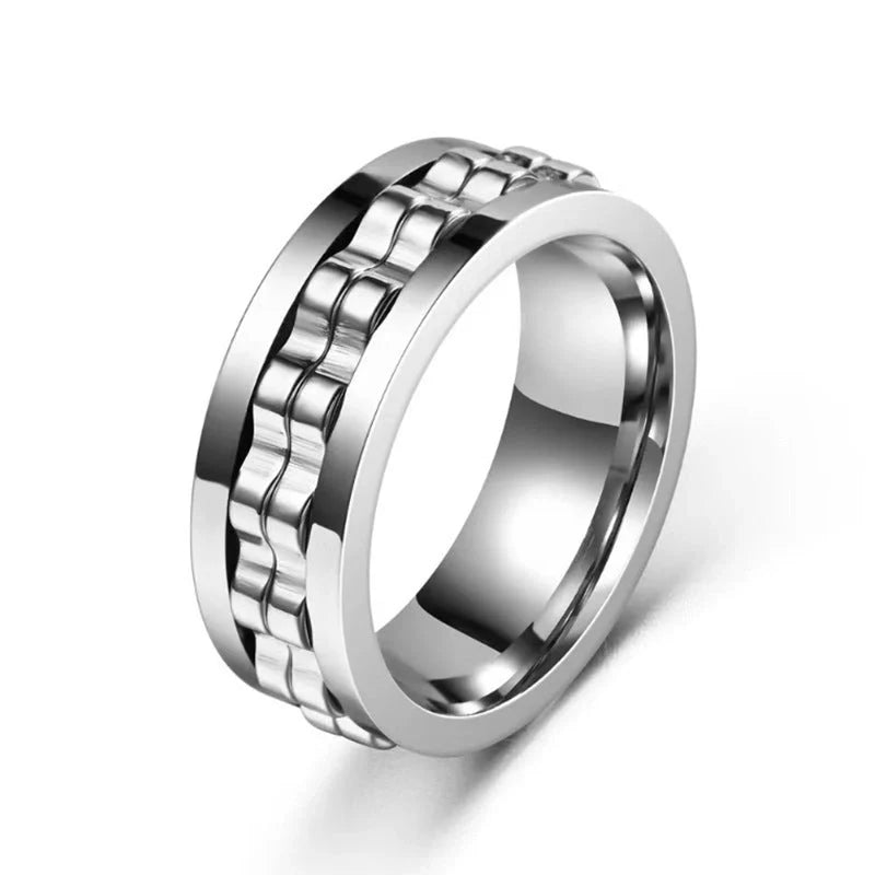 Men's titanium spinner ring with square texture and rotating gear in various colors