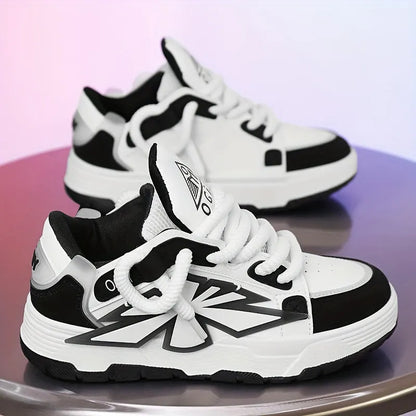 Men's white clunky sneakers with cartoon totem patterns, low-top design, and rubber soles for casual leisure wear