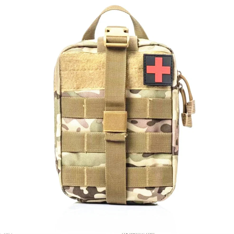 Taupe camouflage tactical bag 20x13x11cm holding Outdoor Travel Survival First Aid Kit with tourniquet, bandages, and blanket for emergency use