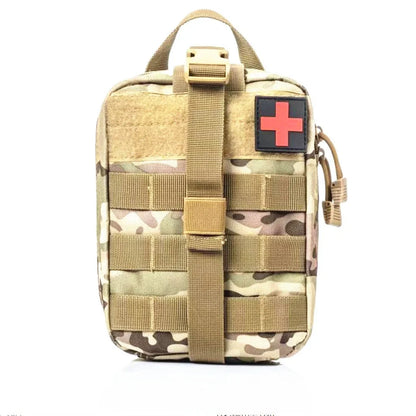 Taupe camouflage tactical bag 20x13x11cm holding Outdoor Travel Survival First Aid Kit with tourniquet, bandages, and blanket for emergency use