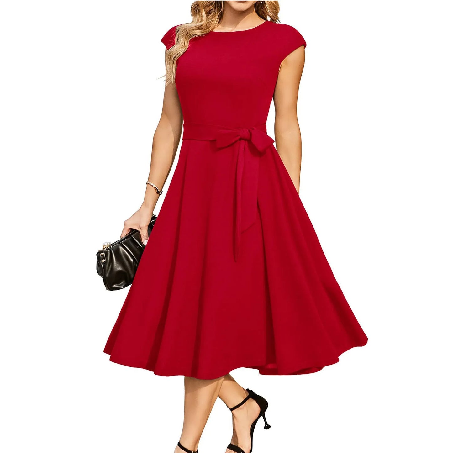 Sleeveless black dress with lace-up waist detail and a flowing swing skirt.