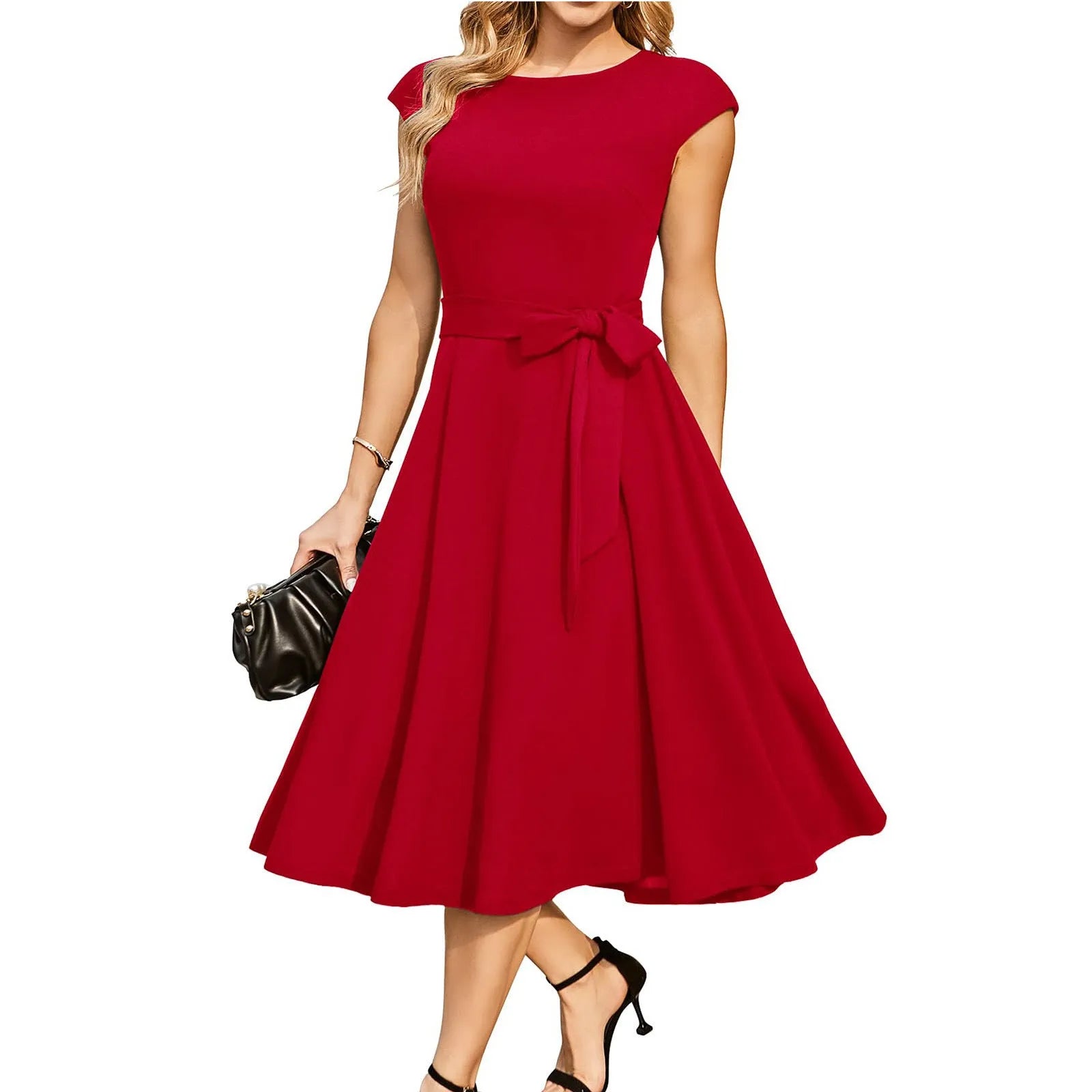 Sleeveless black dress with lace-up waist detail and a flowing swing skirt.