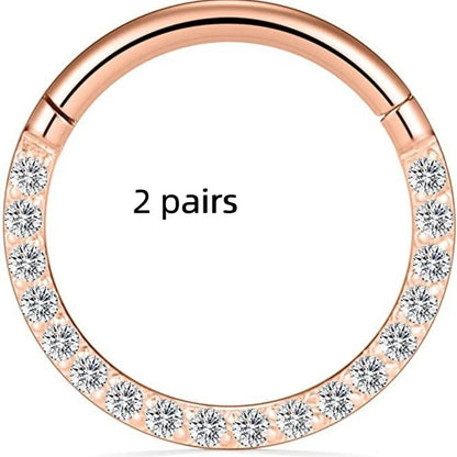 Stainless steel nose ring with diamond accent in seamless round design, showing size options and colour variations