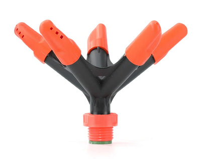 Orange automatic rotating garden sprinkler measuring 14cm diameter x 26.5cm height