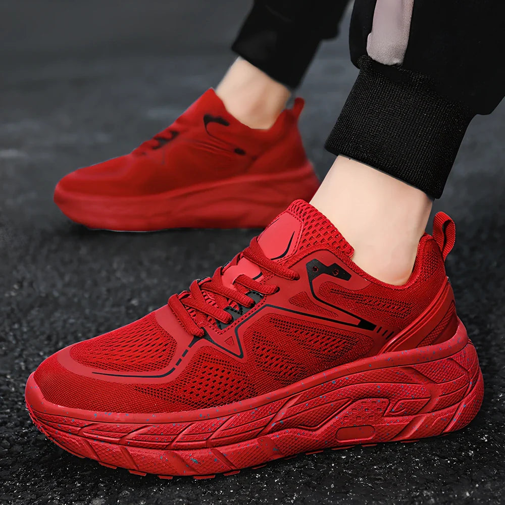 Men's and women's running shoes with mesh upper, EVA-rubber sole, slope heel design in white, black, red or yellow