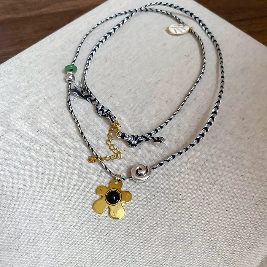 Stone shell beaded flower pendant necklace with adjustable chain in silver-gold colour