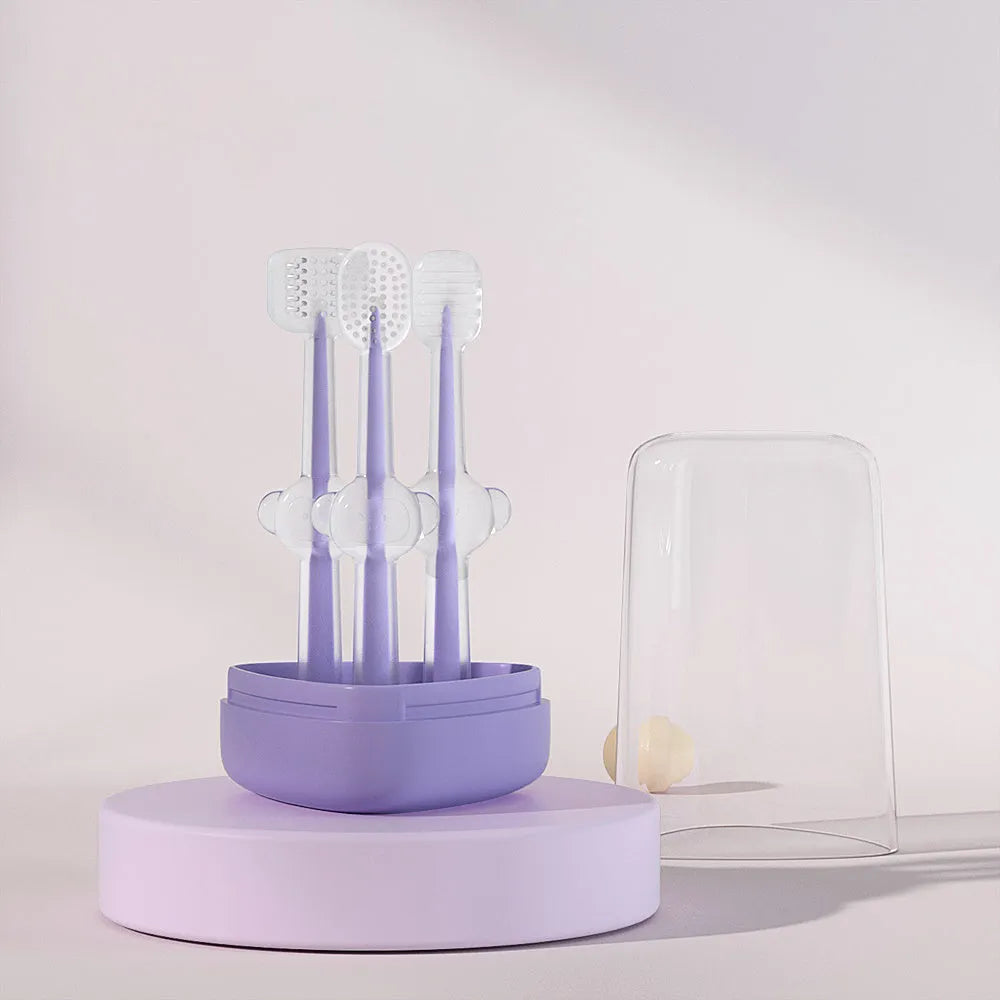 Silicone pet toothbrush with long handle in blue, green, and purple colour options