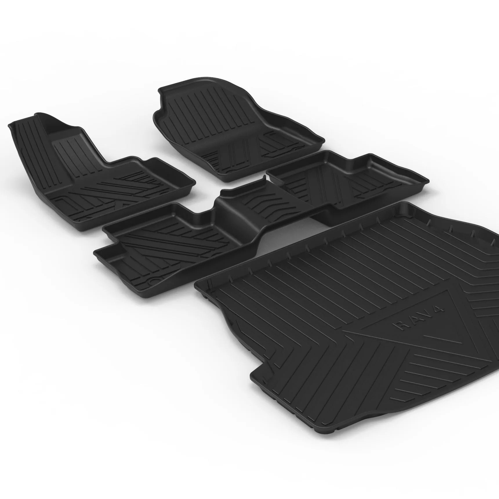 Black car boot liner with carbon fibre texture, tailored to fit a specific vehicle model's load area.