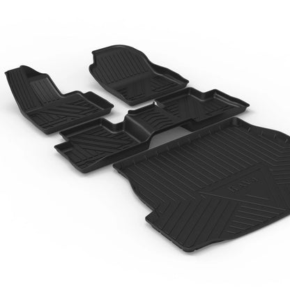 Black car boot liner with carbon fibre texture, tailored to fit a specific vehicle model's load area.