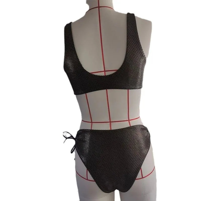 Black women's triangle swimsuit with sleeveless design for beach and swimming activities