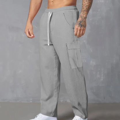 Men's straight-leg corduroy trousers with adjustable waist in navy blue colour