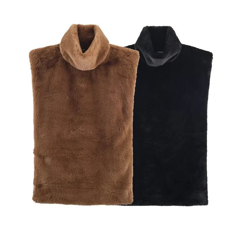 Women's dark brown half-turtle neck sleeveless top with furry texture, showing 40-50cm length