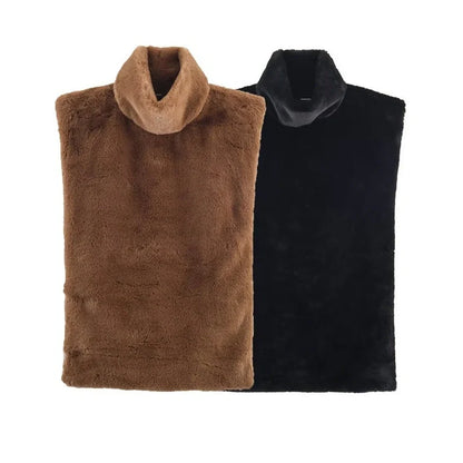 Women's dark brown half-turtle neck sleeveless top with furry texture, showing 40-50cm length
