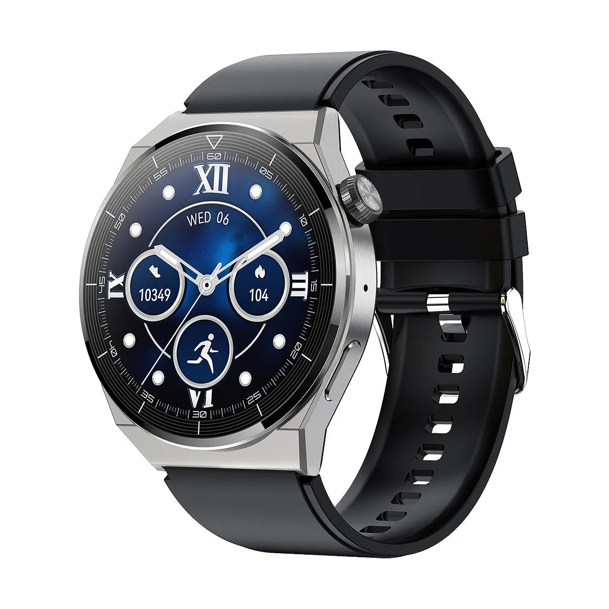 Round black Bluetooth smartwatch with NFC and a silicone strap on a wrist.