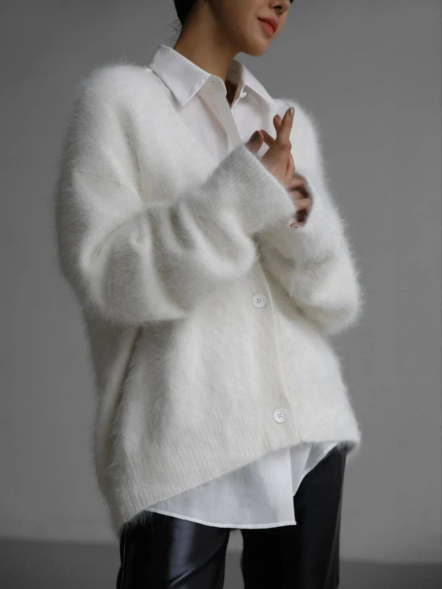 Cozy oversized cardigan with v-neck, button front, and variety of color options for women